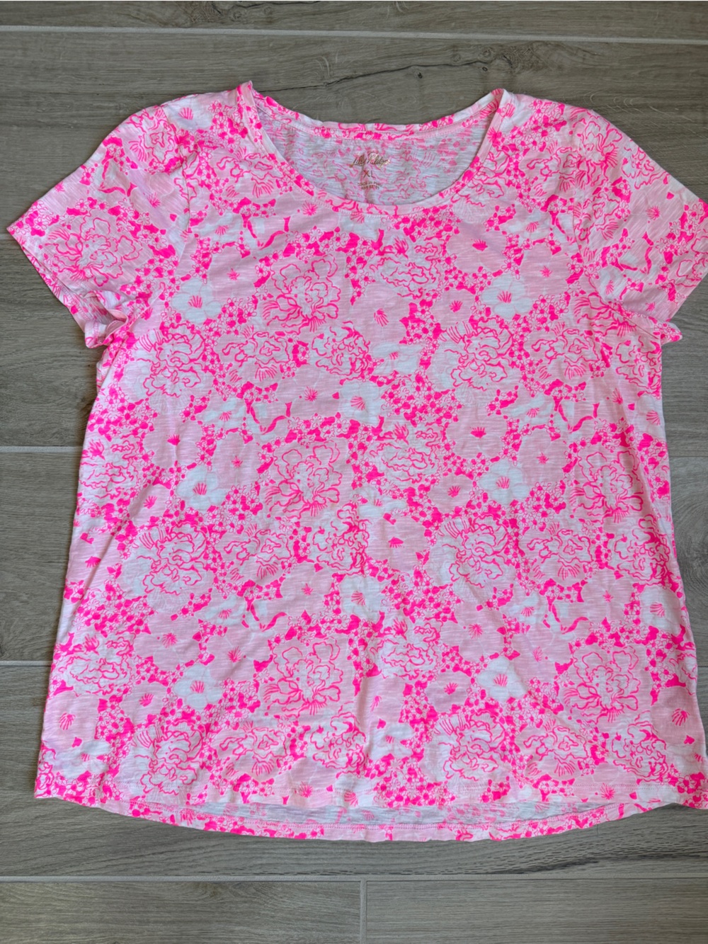 Lilly Pulitzer Etta Scoop Neck Top Womens XL Conch Shell Pink Floral Cotton Slub